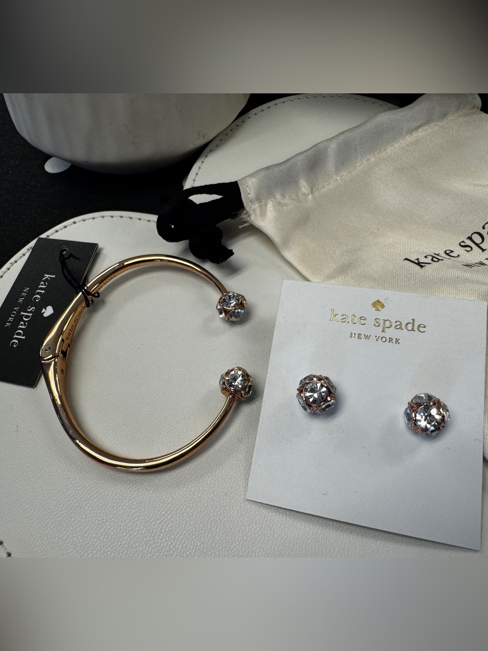 Kate Spade rose gold & crystal Lady Marmalade cuff bracelet & stud earrings